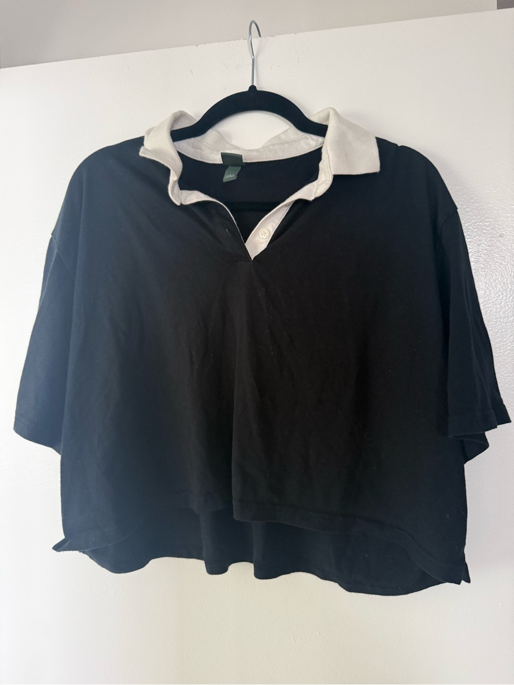 Black Polo Crop Top with White Collar - Women size Large